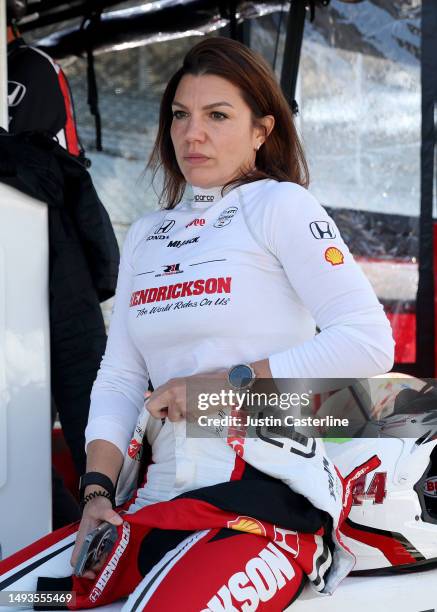 Katherine Legge, driver of Rahal Letterman Lanigan Racing, prepares for practice during Carb Day for the 107th Indianapolis 500 at Indianapolis Motor...