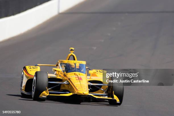 Scott McLaughlin, driver of the Pennzoil Team Penske Chevrolet, drives during practice at Carb Day for the 107th Indianapolis 500 at Indianapolis...