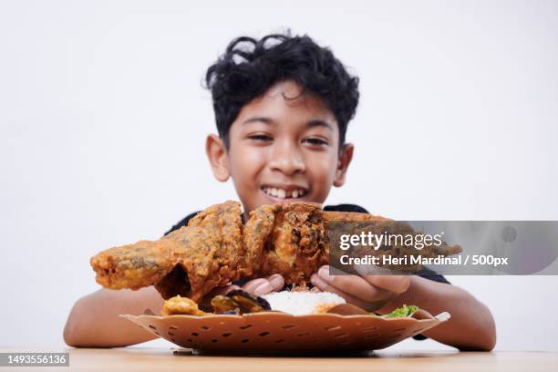 cheerful boy eating pecel lele or fried cat fish with spicy souce and rice - heri mardinal stock pictures, royalty-free photos & images