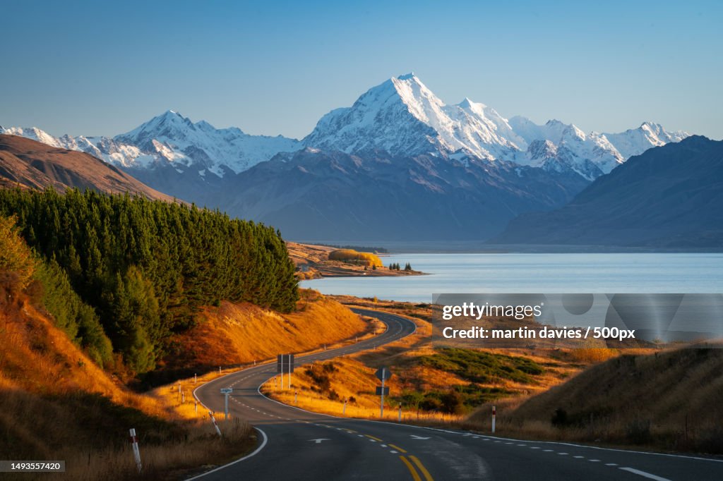 Scenic view of snowcapped mountains against clear blue sky,Canterbury,New Zealand