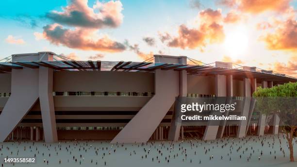 outside view of large stadium for soccer, football or track and field - sports venue aerial stock pictures, royalty-free photos & images