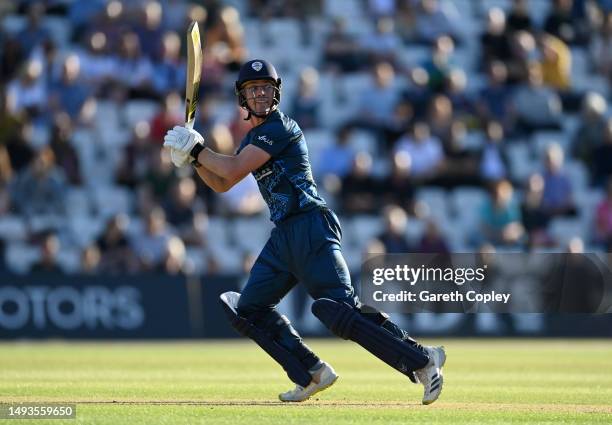 Luis Reece of Derbyshire bats during the Vitality Blast T20 match between Notts Outlaws and Derbyshire Falcons at Trent Bridge on May 26, 2023 in...