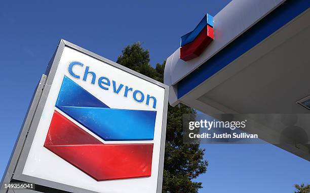 Sign is posted at a Chevron gas station on July 27, 2012 in San Rafael, California. Chevron reported a 6.8 percent decline in second quarter earnings...