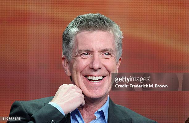 Host Tom Bergeron speaks onstage at the "Dancing with the Stars: All-Stars" panel during the Disney/ABC Television Group portion of the 2012 Summer...