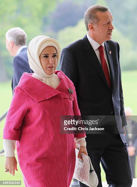 Prime Minister of Turkey Recep Tayyip Erdogan and his wife Emine Erdogan arrive for a reception at Buckingham Palace for Heads of State and...