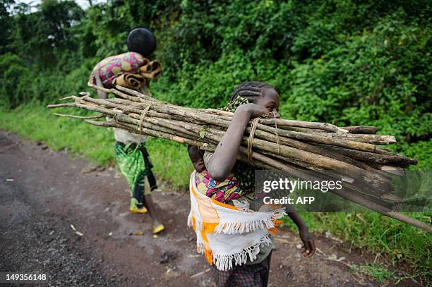 Girl carries a bundle of sticks and a baby as she flees heavy gunfire on the road leading from Rugari to Kibumba in the east of the Democratic...