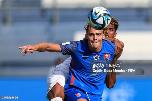 Adam Griger of Slovakia battles for the ball against Joshua Wynder of USA during the FIFA U-20 World Cup Argentina 2023 Group B match between...