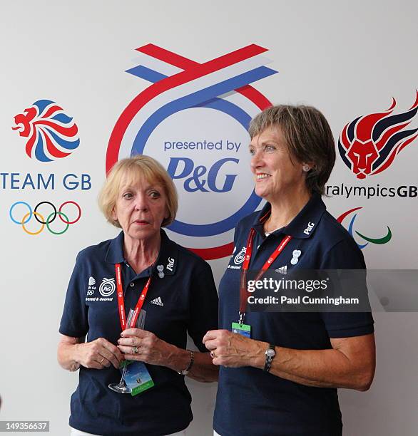 Carol Hoy, mother of Sir Chris Hoy of Team GB and Pat Radcliffe, mother of Paula Radcliffe of Team GB visits the P&G Nearest and Dearest Zone in Team...