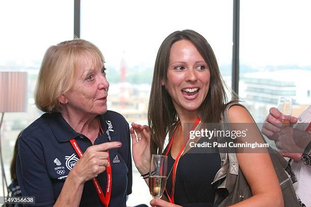 Carol Hoy and Sarra Hoy , mother and wife of Sir Chris Hoy of Team GB visit the P&G Nearest and Dearest Zone in Team GB House on July 27, 2012 in...