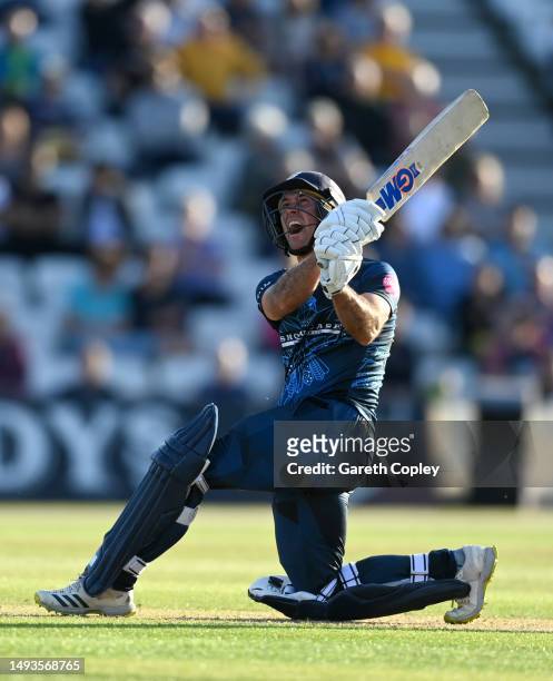 Wayne Madsen of Derbyshire hits out for six runs during the Vitality Blast T20 match between Notts Outlaws and Derbyshire Falcons at Trent Bridge on...
