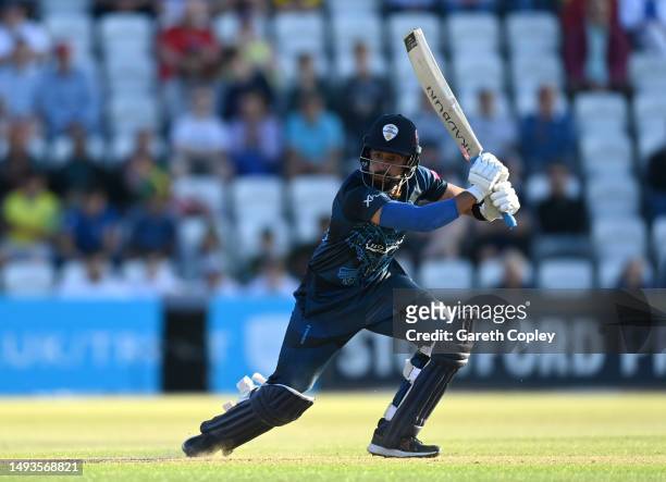Anuj Dal of Derbyshire bats during the Vitality Blast T20 match between Notts Outlaws and Derbyshire Falcons at Trent Bridge on May 26, 2023 in...