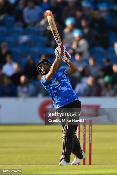 Ravi Bopara of Sussex smashes a six during the Vitality Blast T20 match between Sussex Sharks and Somerset CCC at The 1st Central County Ground on...