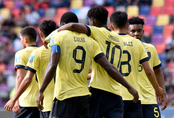Justin Cuero of Ecuador celebrates with Nilson Angulo after scoring the team's fourth goal during a FIFA U-20 World Cup Argentina 2023 Group B match...