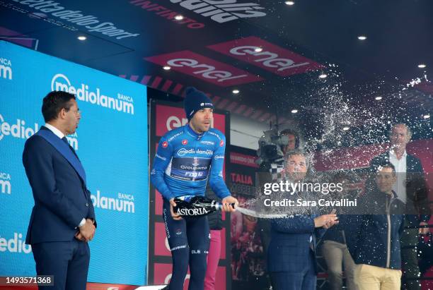 Thibaut Pinot of France and Team Groupama - FDJ - Blue Mountain Jersey celebrates at podium during the 106th Giro d'Italia 2023, Stage 19 a 183km...