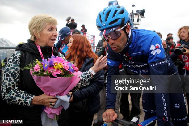 Thibaut Pinot of France and Team Groupama - FDJ - Blue Mountain Jersey is seen with his mother at the end of the 106th Giro d'Italia 2023, Stage 19 a...