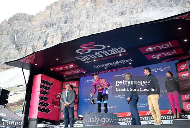 Jonathan Milan of Italy and Team Bahrain - Victorious and Purple Points Jersey celebrates at podium during the 106th Giro d'Italia 2023, Stage 19 a...