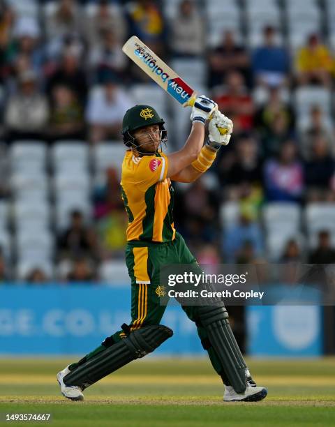 Joe Clarke of Nottinghamshire bats during the Vitality Blast T20 match between Notts Outlaws and Derbyshire Falcons at Trent Bridge on May 26, 2023...