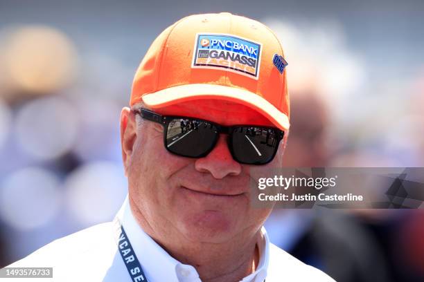 Chip Ganassi walks on the track before the Carb Day pit stop challenge for the 107th Indianapolis 500 at Indianapolis Motor Speedway on May 26, 2023...