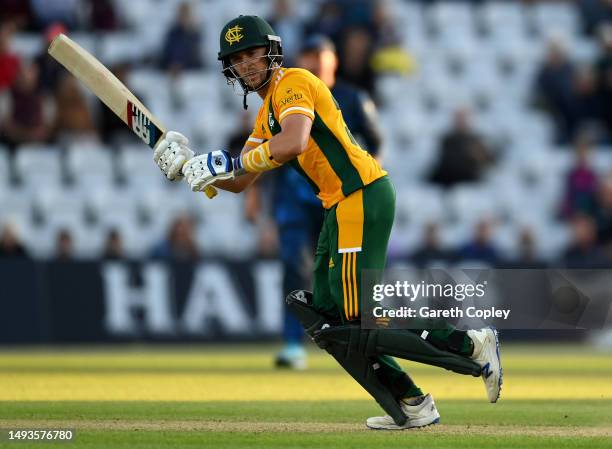 Joe Clarke of Nottinghamshire bats during the Vitality Blast T20 match between Notts Outlaws and Derbyshire Falcons at Trent Bridge on May 26, 2023...