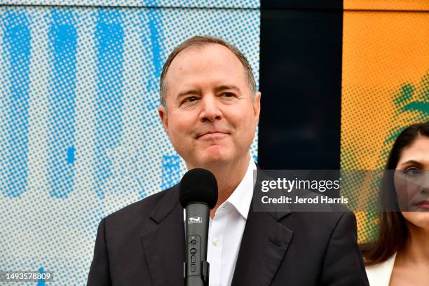 Congressman Adam Schiff speaks at the "Just Majority" Burbank Press Conference on May 26, 2023 in Los Angeles, California.