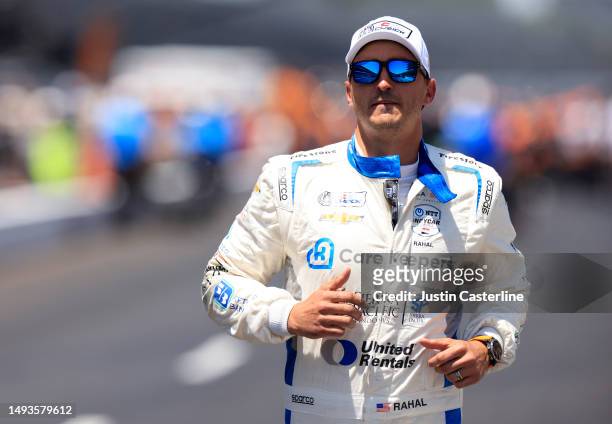 Graham Rahal, driver of the Dreyer & Reinbold Racing, looks on after the Pit Stop Challenge during Carb Day for the 107th Indianapolis 500 at...