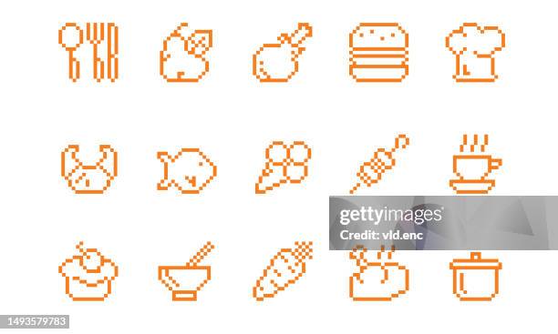 ilustraciones, imágenes clip art, dibujos animados e iconos de stock de icono de píxel de la industria alimentaria - plato de comida