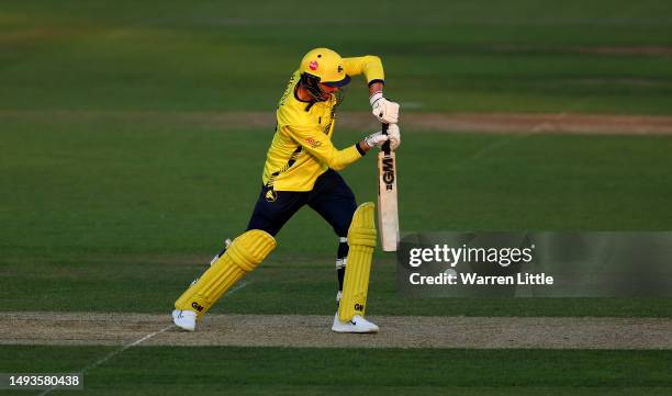 James Vince of Hampshire bats during the Vitality Blast match between Hampshire Hawks and Middlesex at The Ageas Bowl on May 26, 2023 in Southampton,...