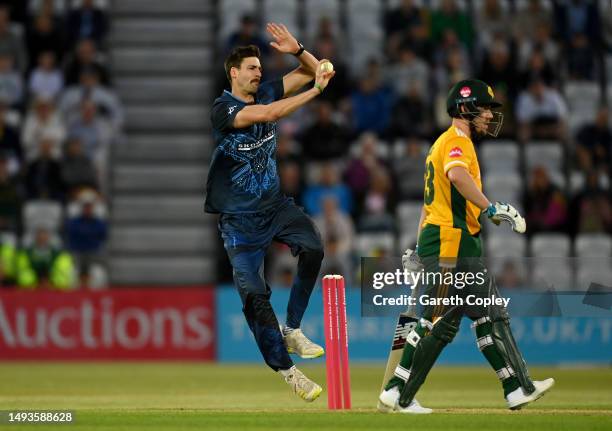 George Scrimshaw of Derbyshire bowls during the Vitality Blast T20 match between Notts Outlaws and Derbyshire Falcons at Trent Bridge on May 26, 2023...