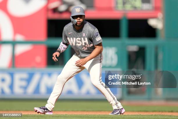 Dominic Smith of the Washington Nationals leads off first base during game two of a doubleheader against the New York Mets on May 14, 2023 in...