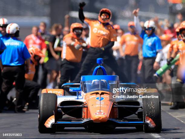 Scott Dixon, driver of the PNC Bank Chip Ganassi Racing Honda, wins the Pit Stop Challenge during Carb Day for the 107th Indianapolis 500 at...