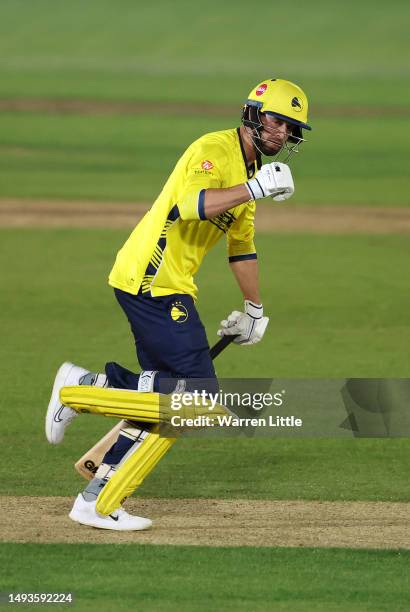 James Vince of Hampshire celebrates hitting the winning runs during the Vitality Blast match between Hampshire Hawks and Middlesex at The Ageas Bowl...