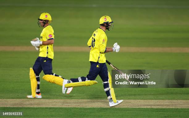 James Vince of Hampshire celebrates hitting the winning runs during the Vitality Blast match between Hampshire Hawks and Middlesex at The Ageas Bowl...