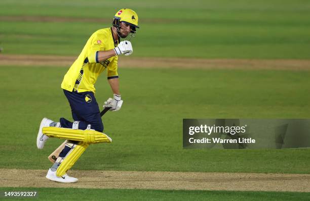 James Vince of Hampshire celebrates hitting the winning runs during the Vitality Blast match between Hampshire Hawks and Middlesex at The Ageas Bowl...