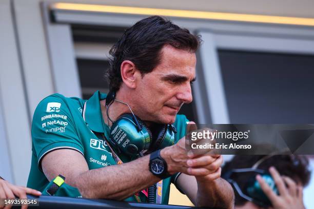 Ex former driver Pedro De La Rosa looks on during practice ahead of the F1 Grand Prix of Monaco at Circuit de Monaco on May 26, 2023 in Monte-Carlo,...