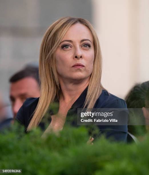 Giorgia Meloni Prime Minister of Italy before taking the stage for her speech in support of mayoral candidate Enrico Trantino on May 26, 2023 in...