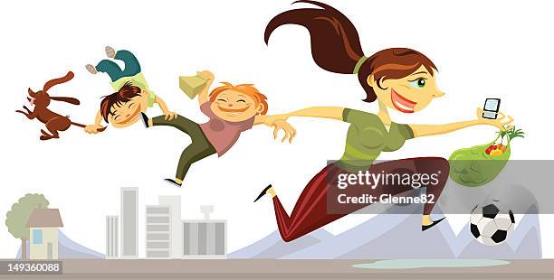 busy mom running around - soccer mom stock illustrations