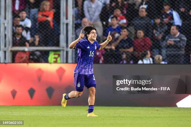 Luka Romero of Argentina celebrates after scoring the team's third goal during the FIFA U-20 World Cup Argentina 2023 Group A match between New...