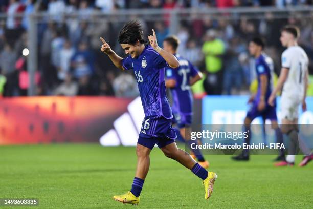 Luka Romero of Argentina celebrates after scoring the team's third goal during the FIFA U-20 World Cup Argentina 2023 Group A match between New...