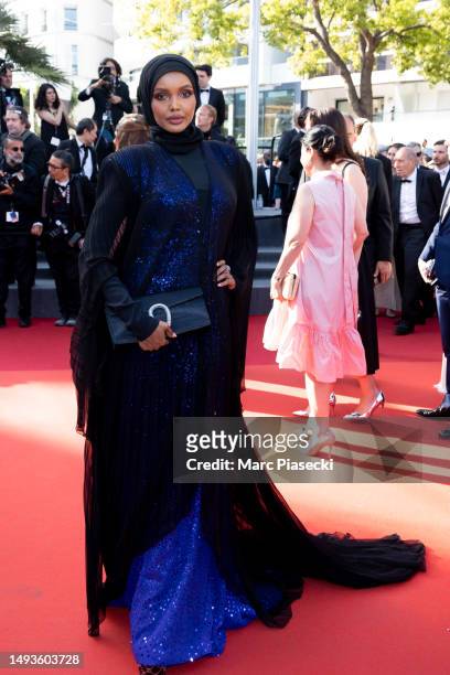 Halima Aden attends the "The Old Oak" red carpet during the 76th annual Cannes film festival at Palais des Festivals on May 26, 2023 in Cannes,...