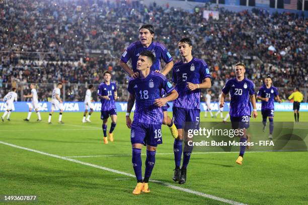 Brian Aguirre of Argentina celebrates after scoring the team's fourth goal during the FIFA U-20 World Cup Argentina 2023 Group A match between New...