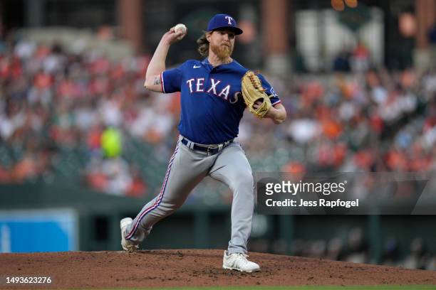 Jon Gray of the Texas Rangers pitches against the Baltimore Orioles during the second inning at Oriole Park at Camden Yards on May 26, 2023 in...