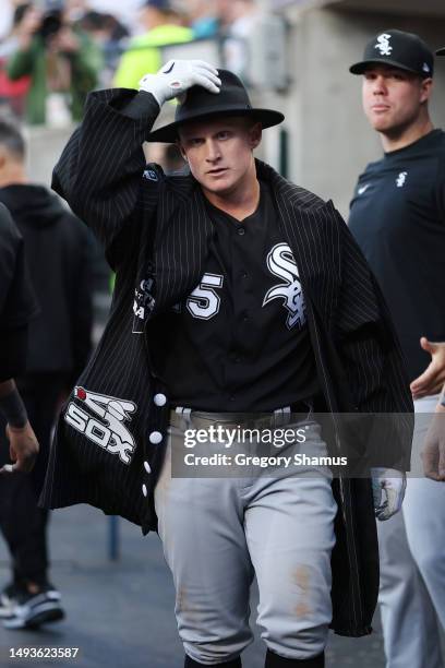 Andrew Vaughn of the Chicago White Sox celebrates his two run home run in the dugout with teammates in the fifth inning at Comerica Park on May 26,...