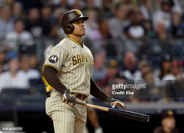 Juan Soto of the San Diego Padres watches his two run home run in the fifth innign against the New York Yankees at Yankee Stadium on May 26, 2023 in...