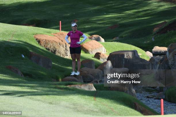 Nanna Koerstz Madsen of Denmark waits to hit from the 15th fairway on day three of the Bank of Hope LPGA Match-Play presented by MGM Rewards at...