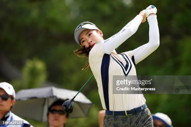 Rei Matsuda of Japan hits her tee shot on the 2nd hole during the third round of resorttrust Ladies at Grandy Hamanako Golf Club on May 27, 2023 in...