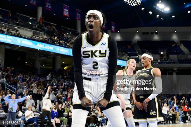 Kahleah Copper of the Chicago Sky reacts after scoring in the first half against the Washington Mystics at Wintrust Arena on May 26, 2023 in Chicago,...