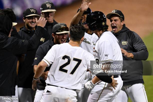 Wake Forest Demon Deacons celebrate a home run hits a by Nick Kurtz against the Notre Dame Fighting Irish in the fifth inning during the ACC Baseball...