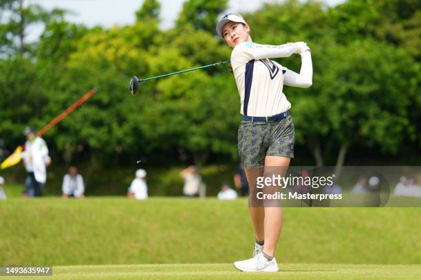Rei Matsuda of Japan hits her tee shot on the 3rd hole during the third round of resorttrust Ladies at Grandy Hamanako Golf Club on May 27, 2023 in...