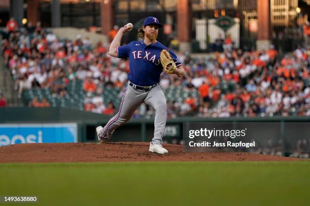 Jon Gray of the Texas Rangers pitches against the Baltimore Orioles during the second inning at Oriole Park at Camden Yards on May 26, 2023 in...