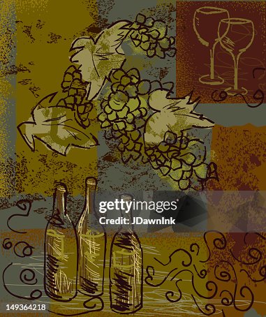 Wine and grape themed elements on textured background Wine and grape themed elements on textured background